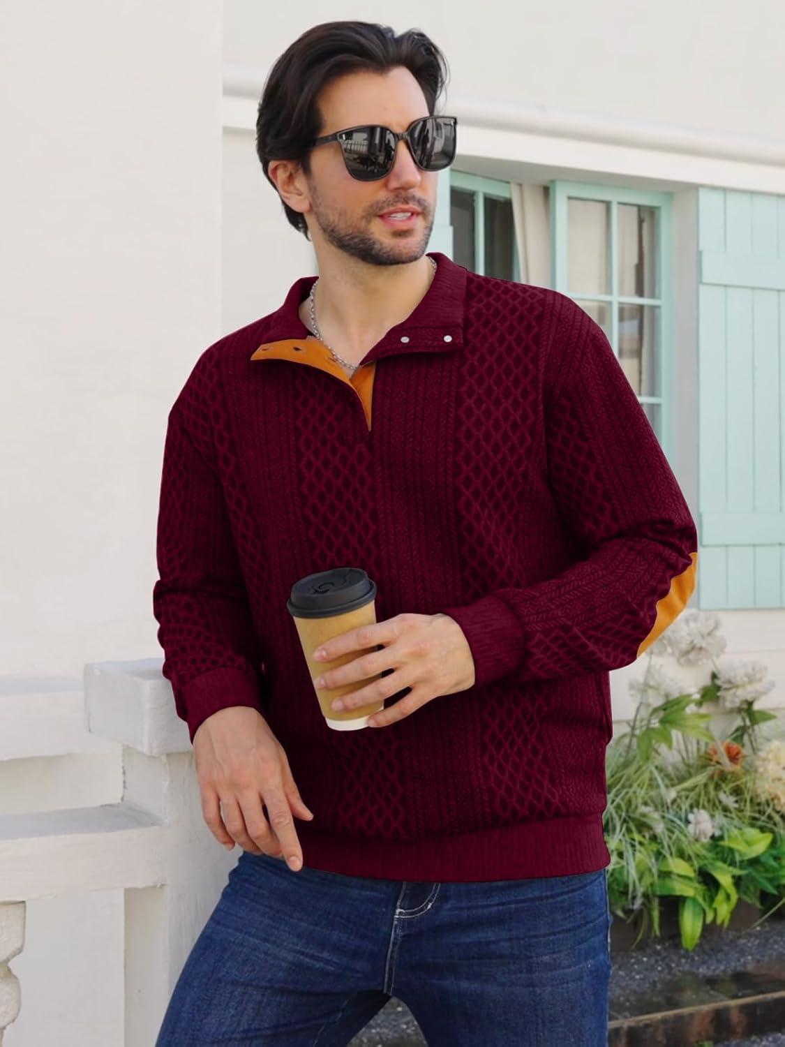 imageMens Block Striped Sweatshirt Casual Outdoor Long Sleeve Stand Collar Pullover Sweatshirt Button Quarter SweaterWine Red