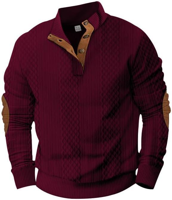 imageMens Block Striped Sweatshirt Casual Outdoor Long Sleeve Stand Collar Pullover Sweatshirt Button Quarter SweaterWine Red