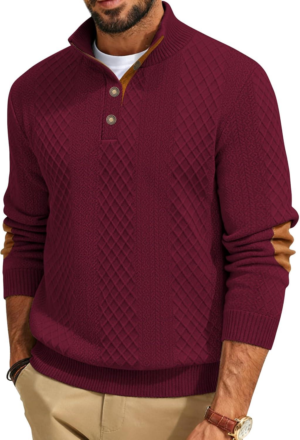 imageMens Block Striped Sweatshirt Casual Outdoor Long Sleeve Stand Collar Pullover Sweatshirt Button Quarter SweaterWine Red