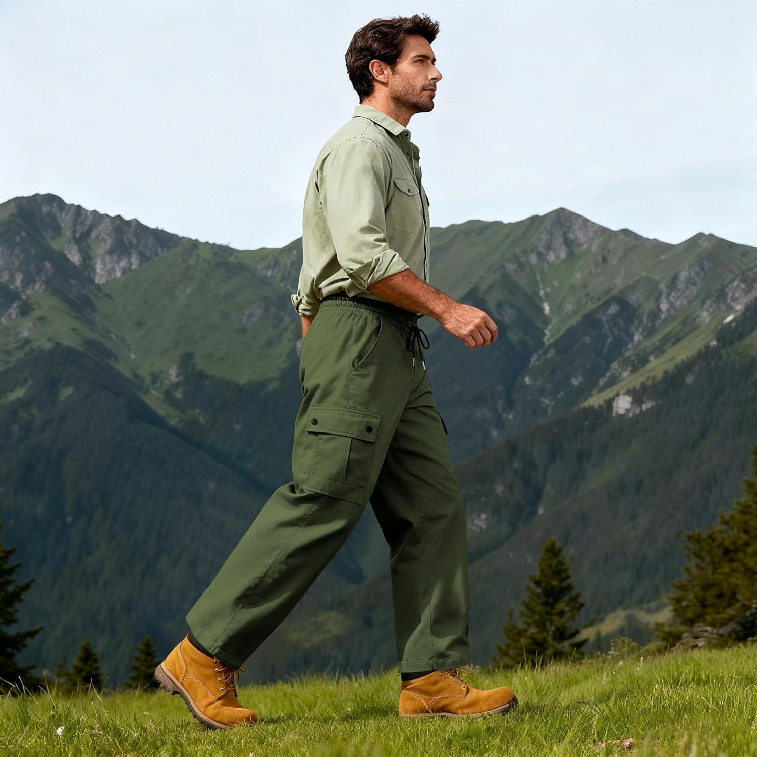 imageMens Cargo Pants Stretch Tactical Pants Lightweight Work Pants Casual Outdoor Hiking Pants with Multi PocketsArmy Green