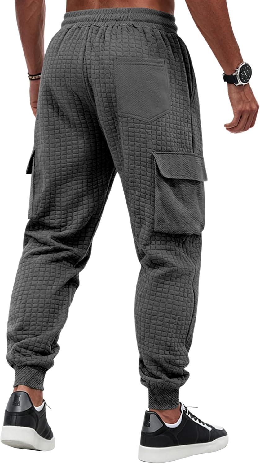 imageMens Cargo Sweatpants Heavyweight Waffle Warm Winter Pants Athletic Drawstring Jogger Pants with PocketsDark Gray