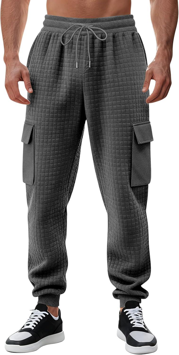imageMens Cargo Sweatpants Heavyweight Waffle Warm Winter Pants Athletic Drawstring Jogger Pants with PocketsDark Gray