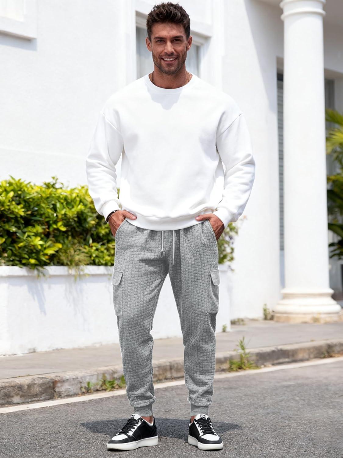 imageMens Cargo Sweatpants Heavyweight Waffle Warm Winter Pants Athletic Drawstring Jogger Pants with PocketsGrey