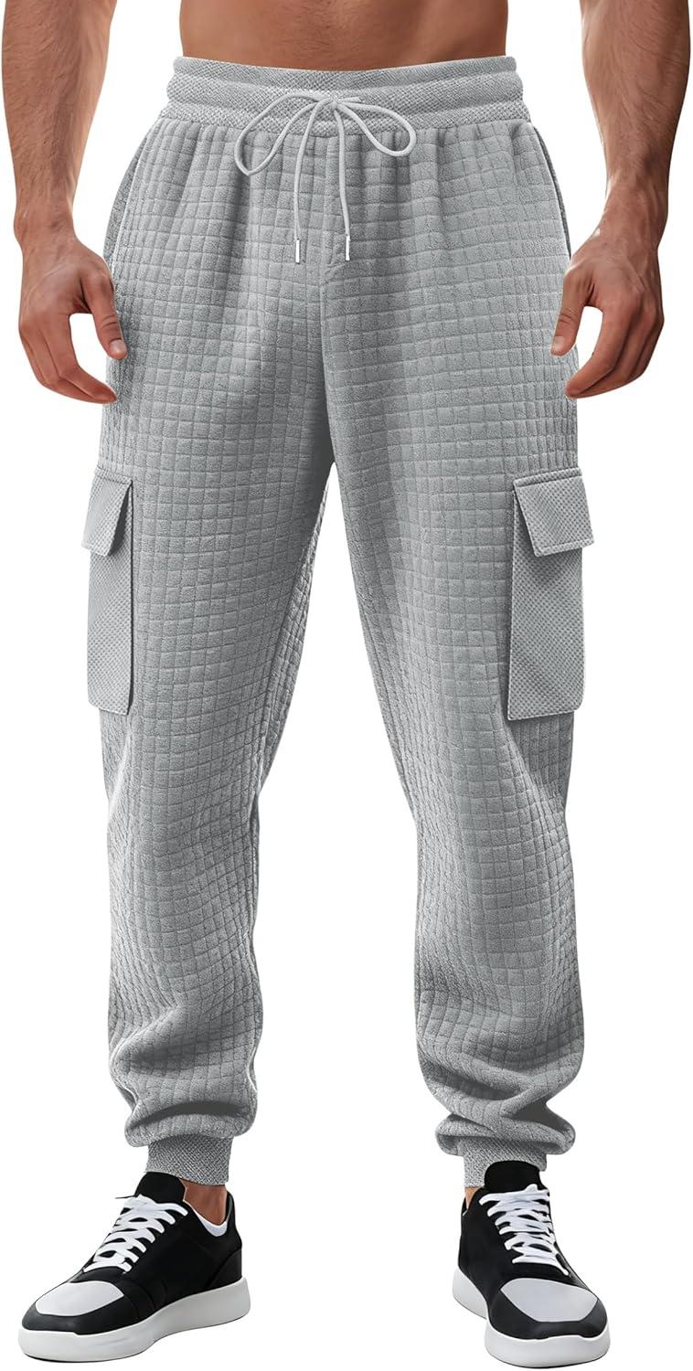 imageMens Cargo Sweatpants Heavyweight Waffle Warm Winter Pants Athletic Drawstring Jogger Pants with PocketsGrey