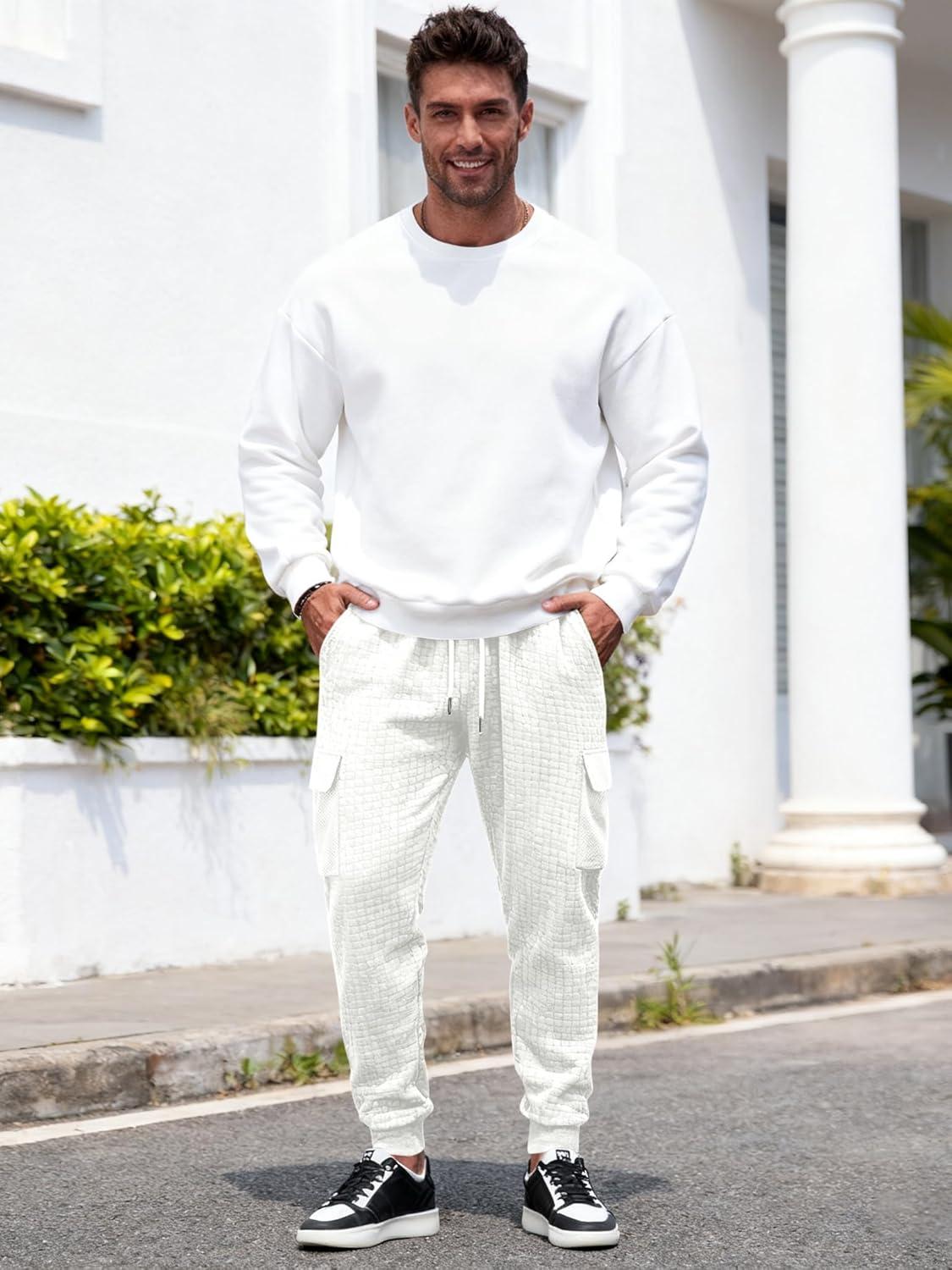 imageMens Cargo Sweatpants Heavyweight Waffle Warm Winter Pants Athletic Drawstring Jogger Pants with PocketsWhite