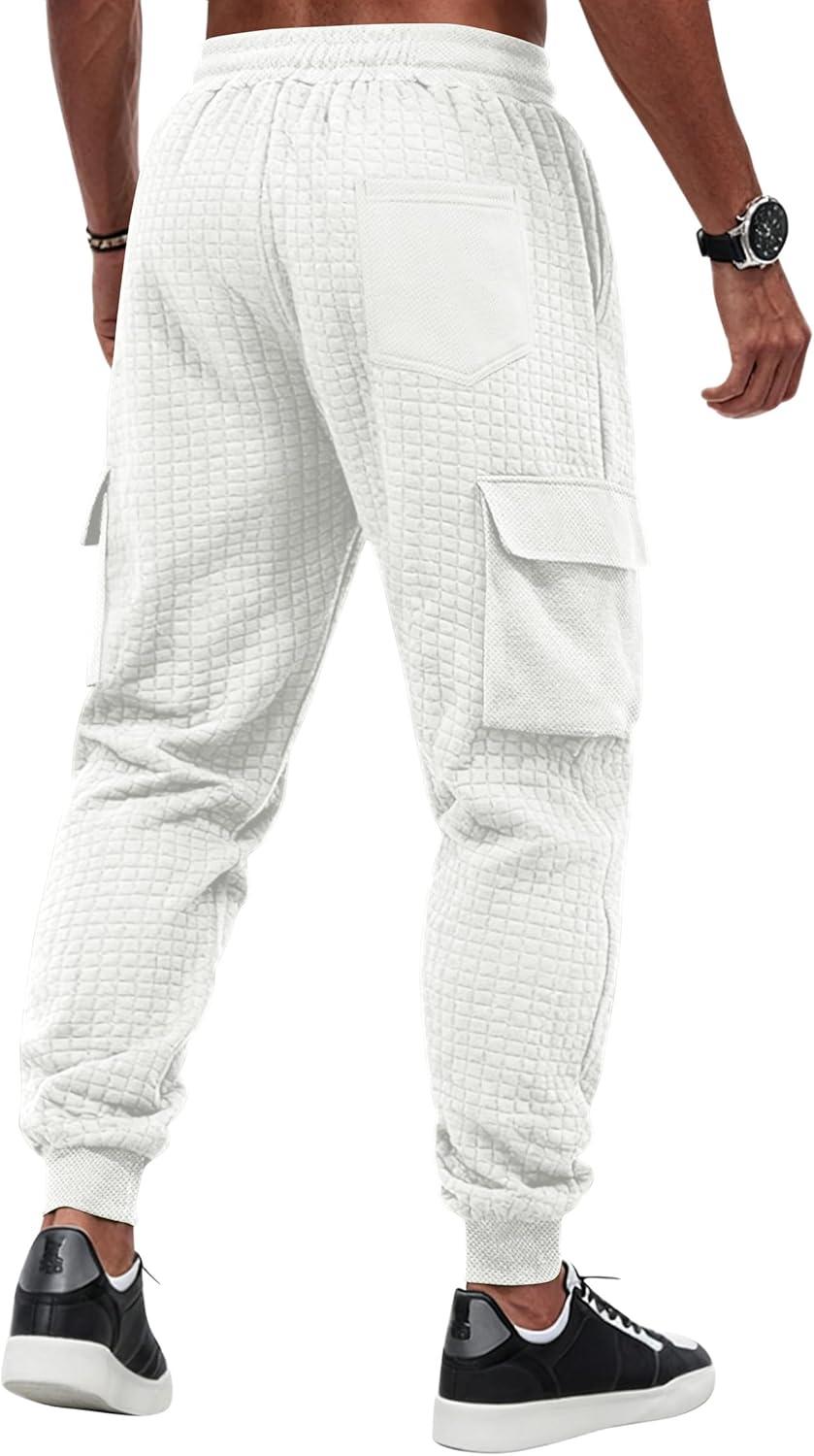 imageMens Cargo Sweatpants Heavyweight Waffle Warm Winter Pants Athletic Drawstring Jogger Pants with PocketsWhite
