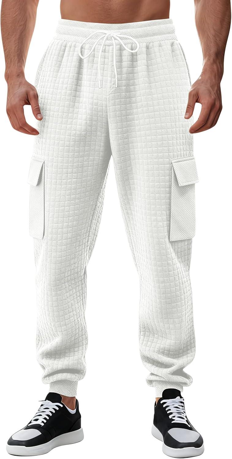 imageMens Cargo Sweatpants Heavyweight Waffle Warm Winter Pants Athletic Drawstring Jogger Pants with PocketsWhite