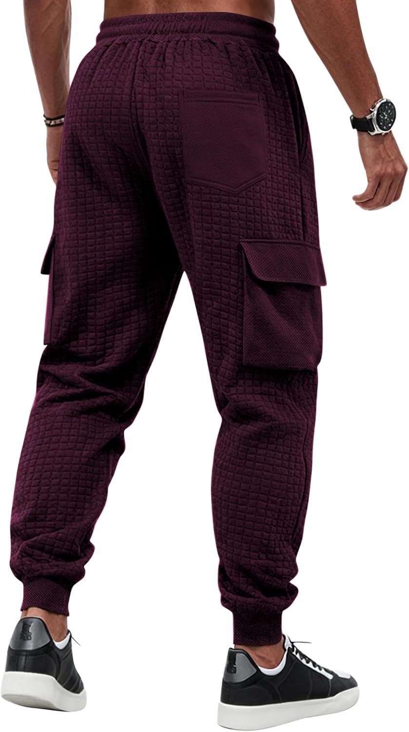 imageMens Cargo Sweatpants Heavyweight Waffle Warm Winter Pants Athletic Drawstring Jogger Pants with PocketsWine Red