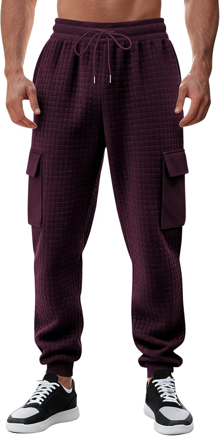 imageMens Cargo Sweatpants Heavyweight Waffle Warm Winter Pants Athletic Drawstring Jogger Pants with PocketsWine Red
