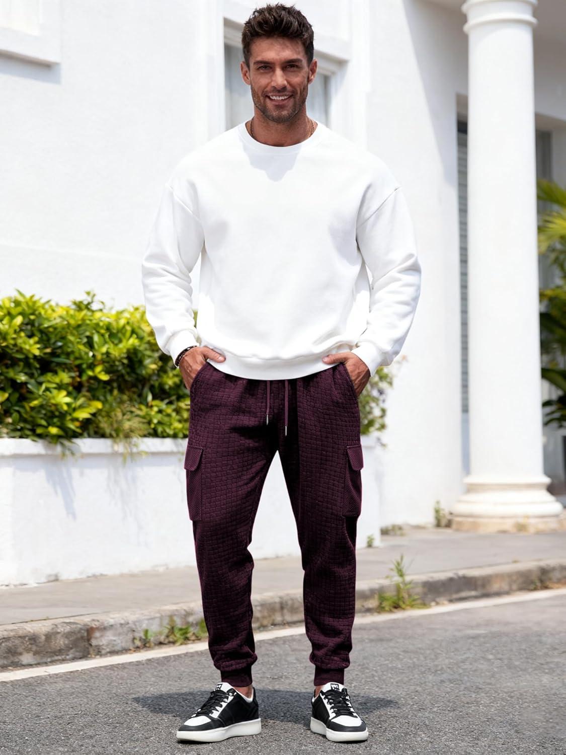 imageMens Cargo Sweatpants Heavyweight Waffle Warm Winter Pants Athletic Drawstring Jogger Pants with PocketsWine Red