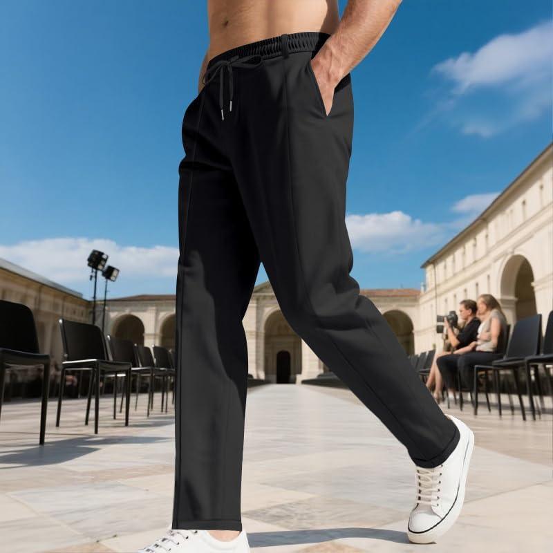 imageMens Casual Pants Elastic Drawstring Waist Pants Lightweight Loose Straight Leg Long Beach SweatpantsBlack