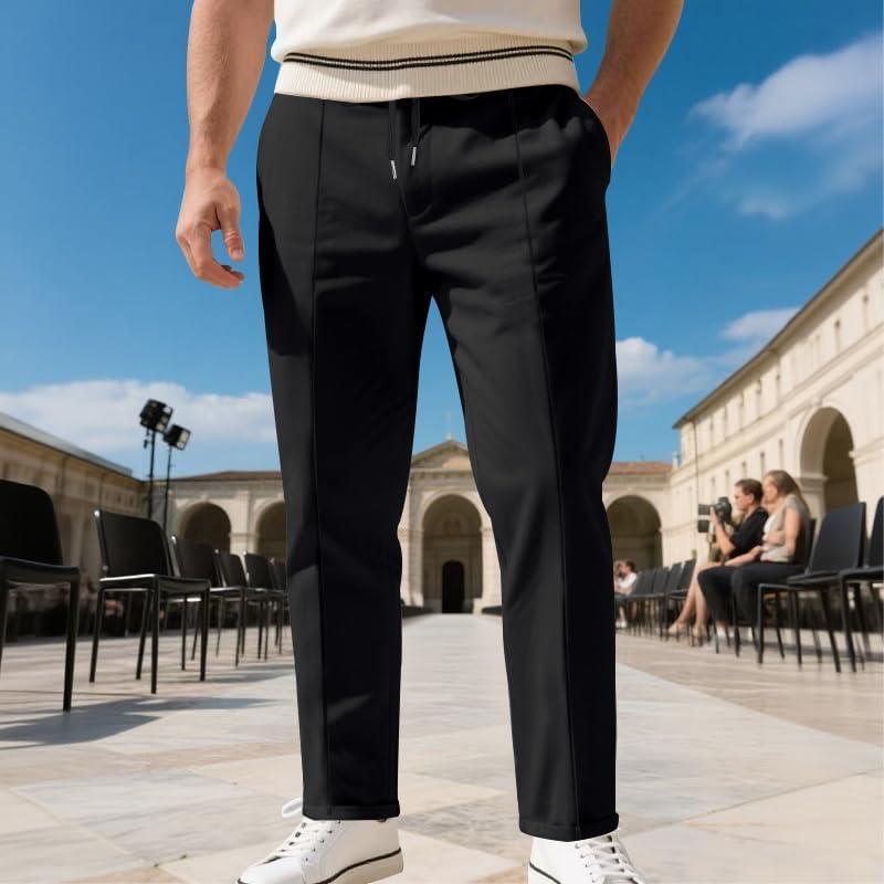 imageMens Casual Pants Elastic Drawstring Waist Pants Lightweight Loose Straight Leg Long Beach SweatpantsBlack