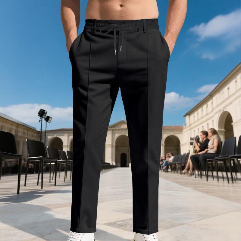 imageMens Casual Pants Elastic Drawstring Waist Pants Lightweight Loose Straight Leg Long Beach SweatpantsBlack