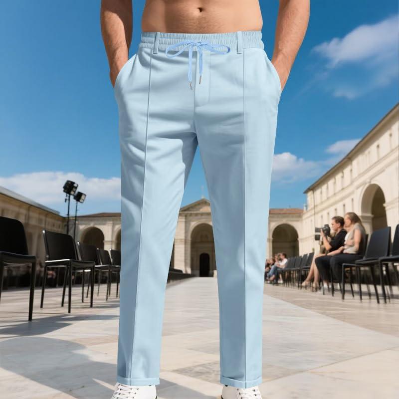 imageMens Casual Pants Elastic Drawstring Waist Pants Lightweight Loose Straight Leg Long Beach SweatpantsBlue
