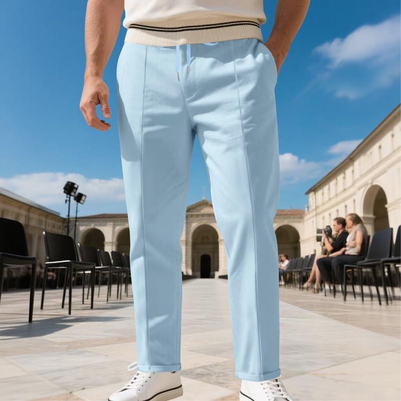 imageMens Casual Pants Elastic Drawstring Waist Pants Lightweight Loose Straight Leg Long Beach SweatpantsBlue