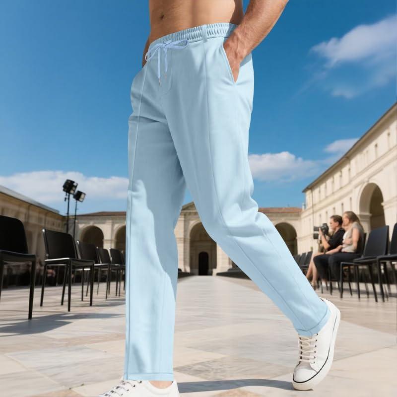 imageMens Casual Pants Elastic Drawstring Waist Pants Lightweight Loose Straight Leg Long Beach SweatpantsBlue