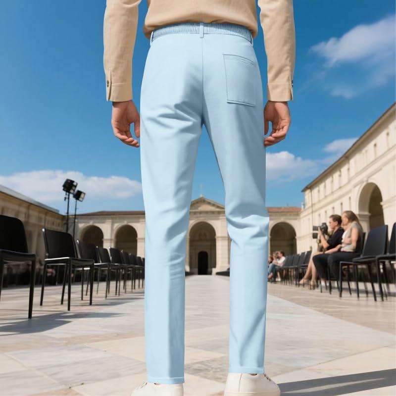 imageMens Casual Pants Elastic Drawstring Waist Pants Lightweight Loose Straight Leg Long Beach SweatpantsBlue