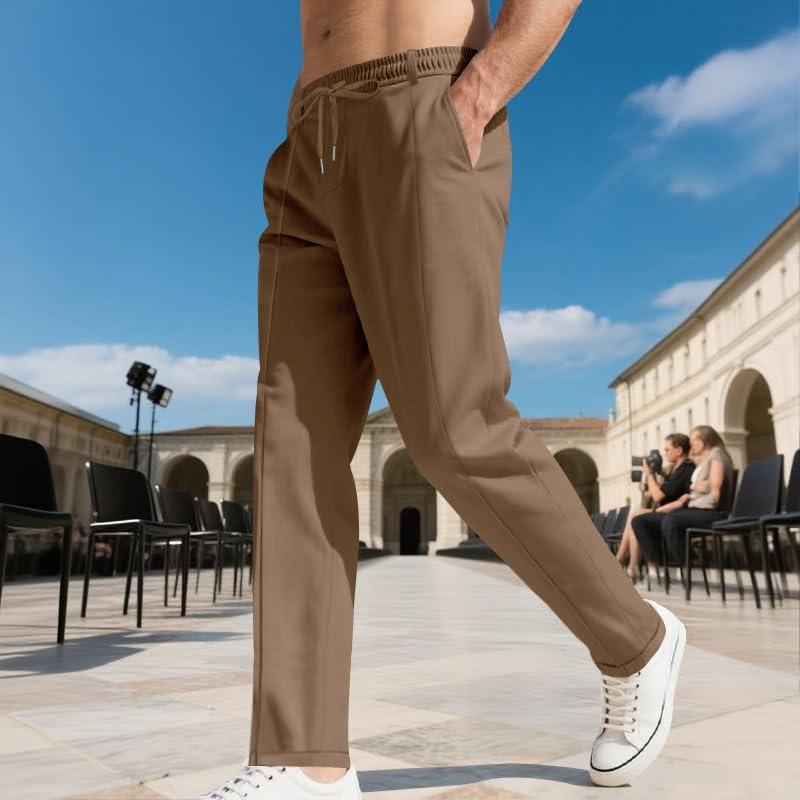 imageMens Casual Pants Elastic Drawstring Waist Pants Lightweight Loose Straight Leg Long Beach SweatpantsBrown