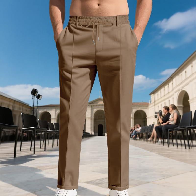 imageMens Casual Pants Elastic Drawstring Waist Pants Lightweight Loose Straight Leg Long Beach SweatpantsBrown