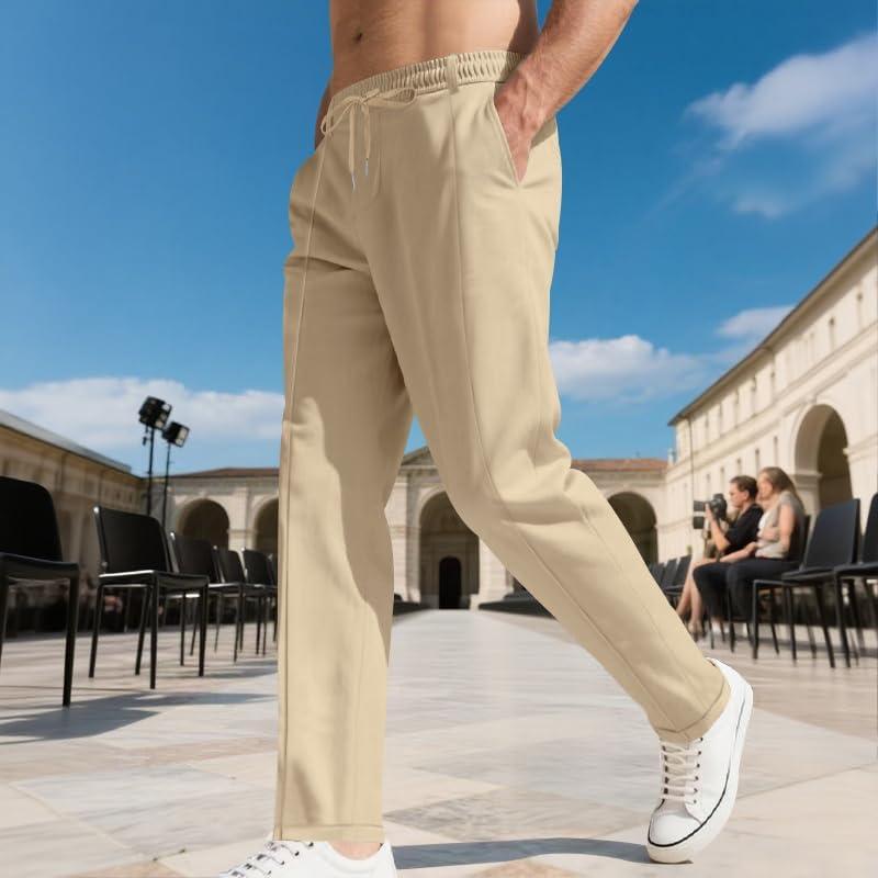 imageMens Casual Pants Elastic Drawstring Waist Pants Lightweight Loose Straight Leg Long Beach SweatpantsKhaki