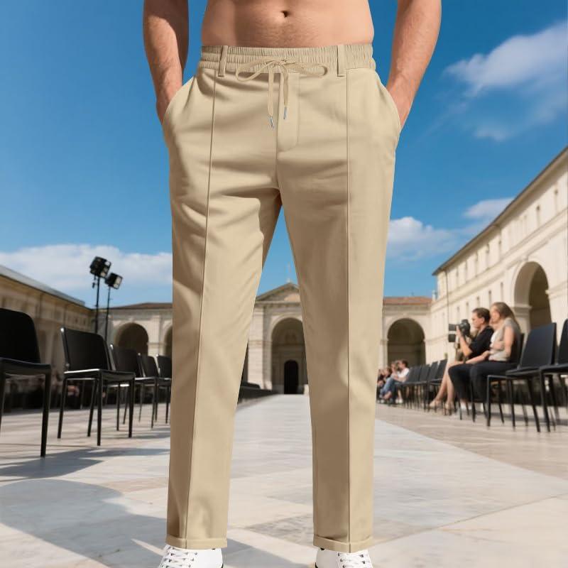 imageMens Casual Pants Elastic Drawstring Waist Pants Lightweight Loose Straight Leg Long Beach SweatpantsKhaki