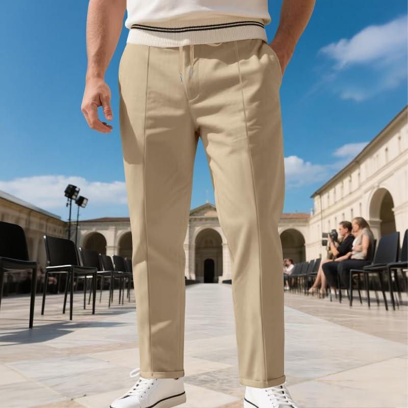 imageMens Casual Pants Elastic Drawstring Waist Pants Lightweight Loose Straight Leg Long Beach SweatpantsKhaki