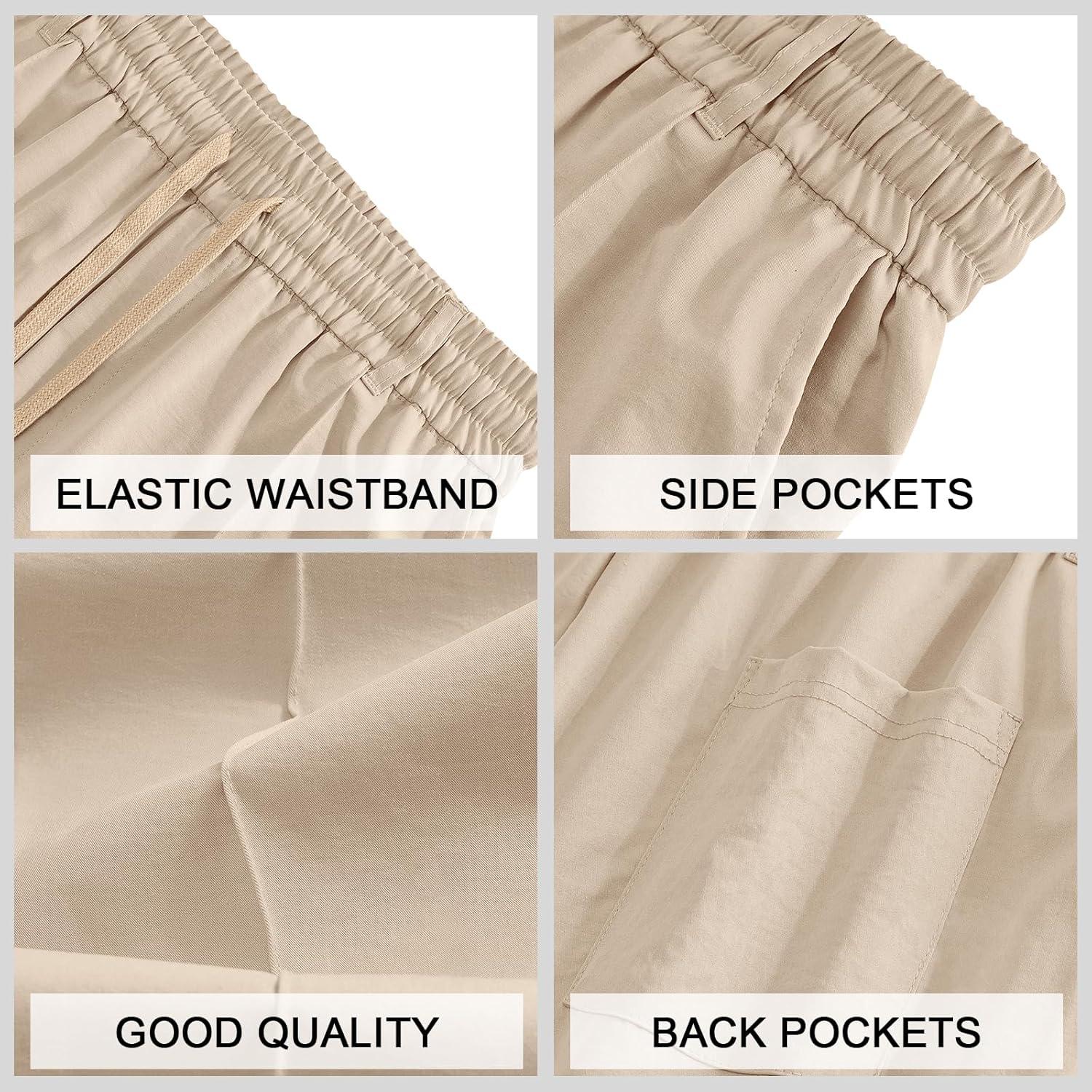 imageMens Casual Pants Elastic Drawstring Waist Pants Lightweight Loose Straight Leg Long Beach SweatpantsKhaki