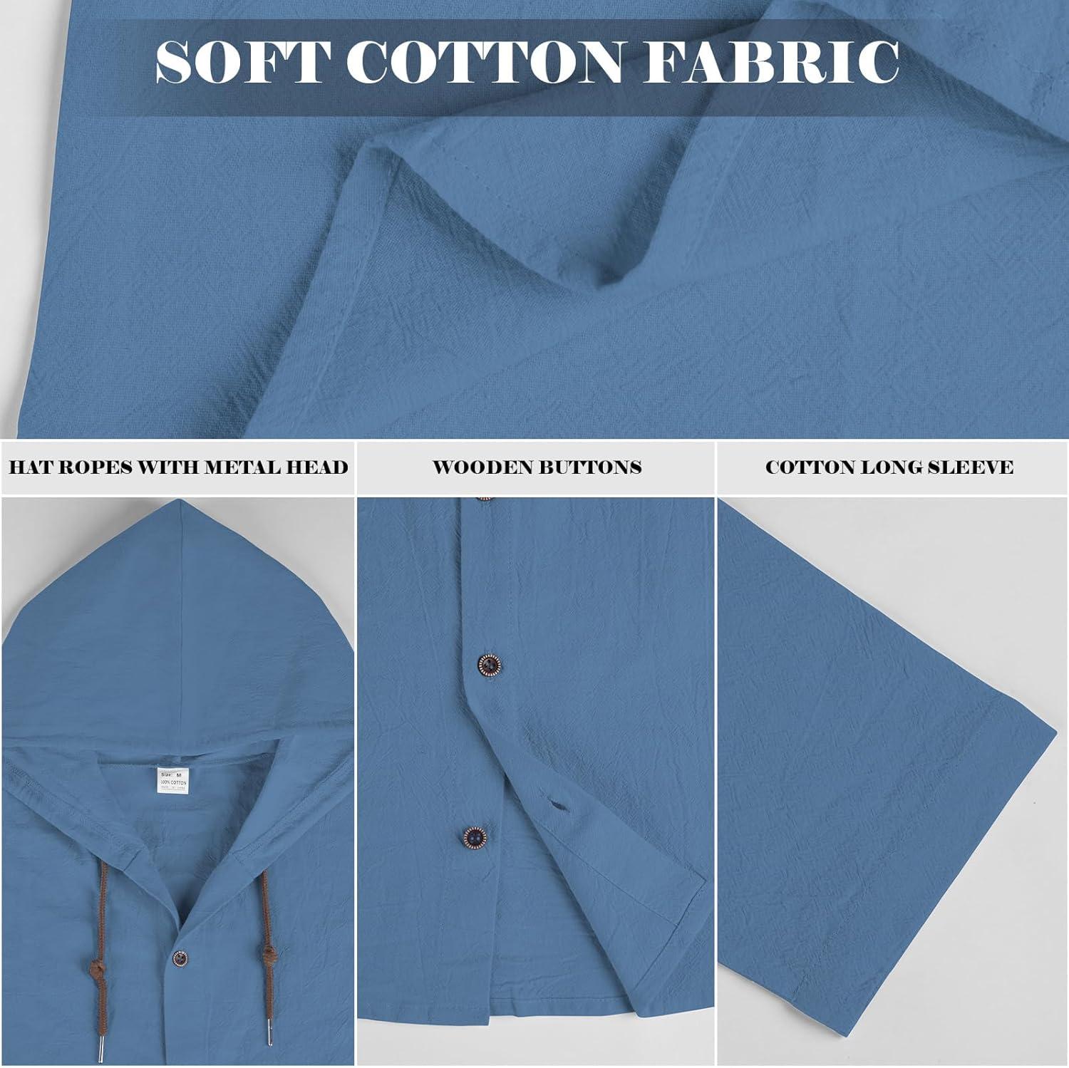 imageMens Cotton Linen Hoodies Lightweight Long Sleeve Button Down Shirts Casual Hawaiian Beach Yoga Tops SweatshirtsDenim Blue