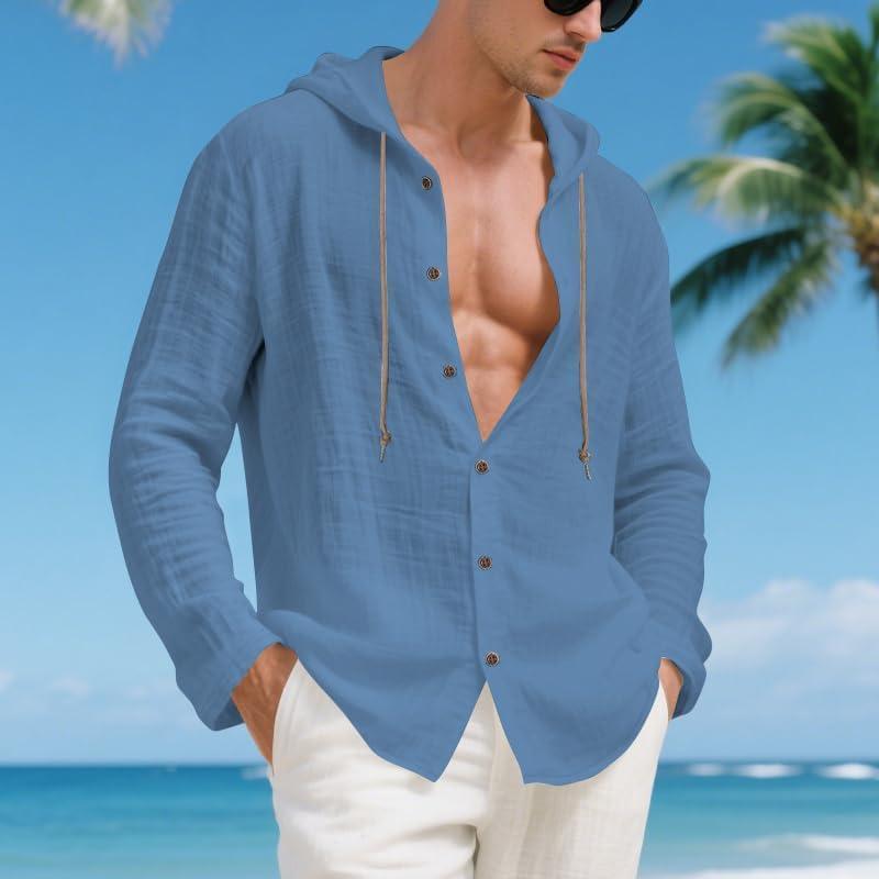 imageMens Cotton Linen Hoodies Lightweight Long Sleeve Button Down Shirts Casual Hawaiian Beach Yoga Tops SweatshirtsDenim Blue