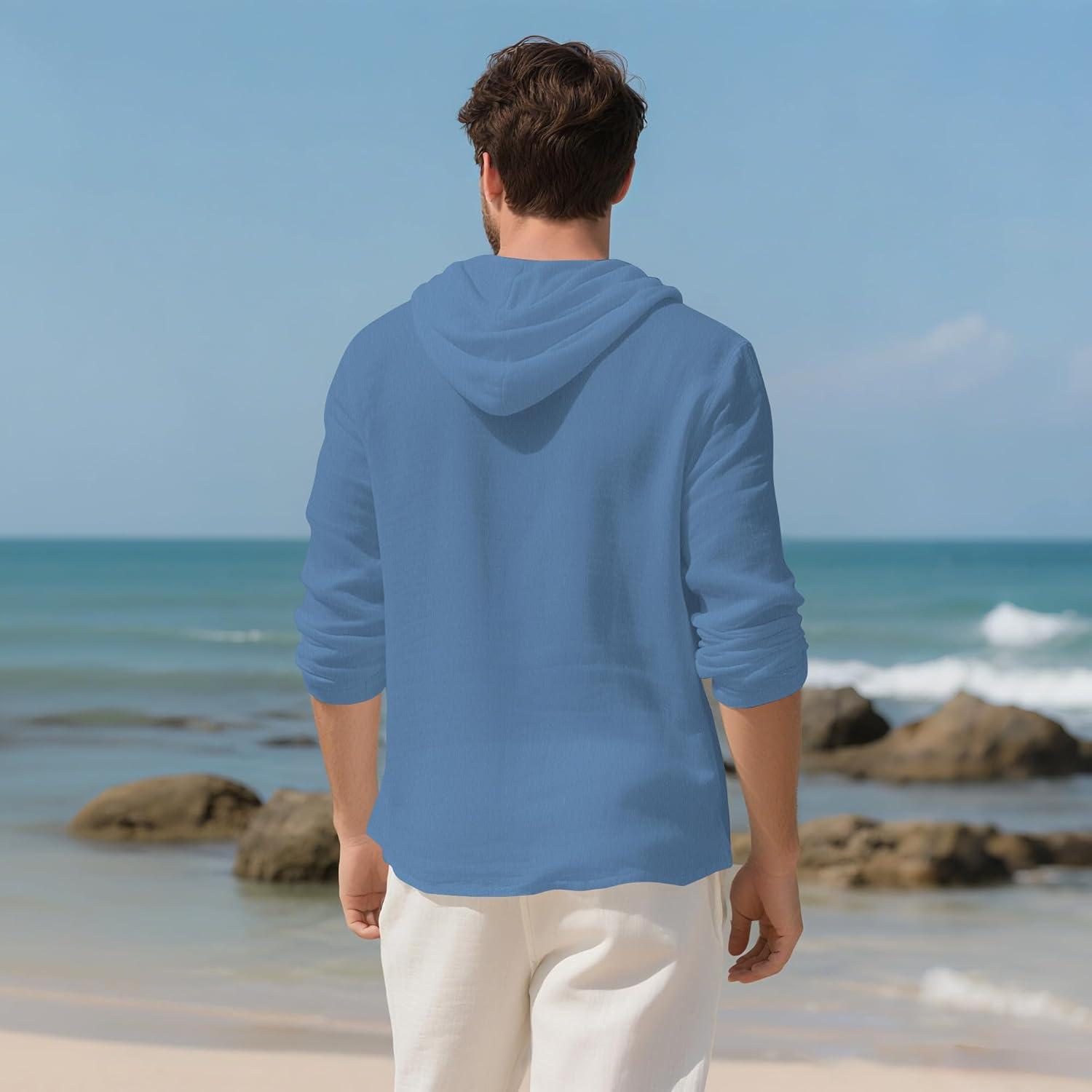 imageMens Cotton Linen Hoodies Lightweight Long Sleeve Button Down Shirts Casual Hawaiian Beach Yoga Tops SweatshirtsDenim Blue