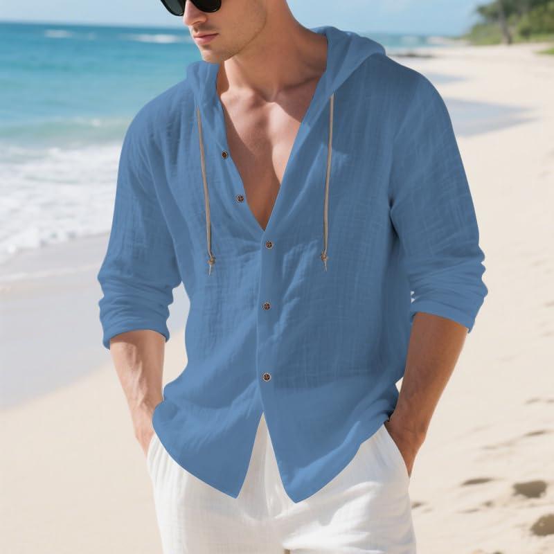 imageMens Cotton Linen Hoodies Lightweight Long Sleeve Button Down Shirts Casual Hawaiian Beach Yoga Tops SweatshirtsDenim Blue