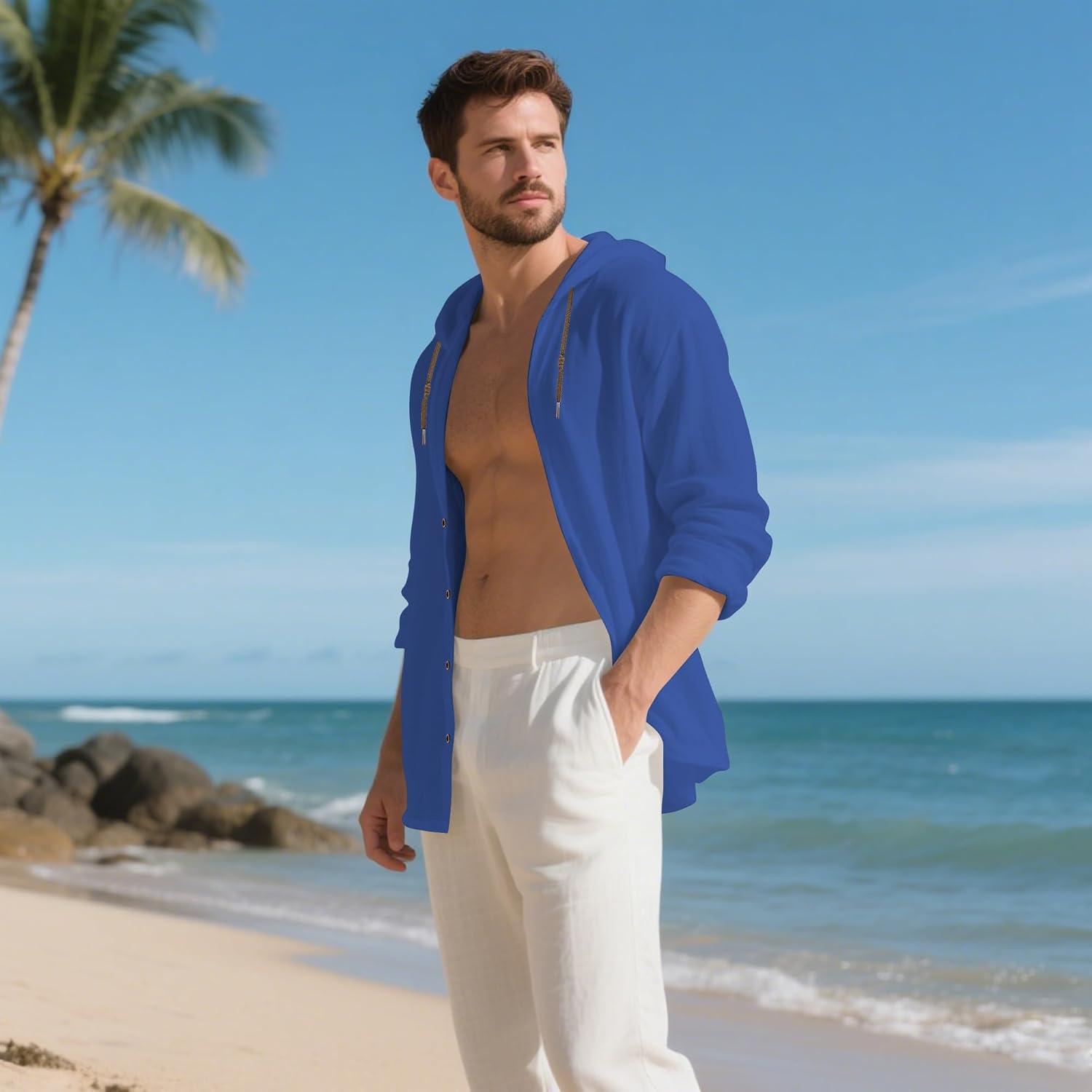 imageMens Cotton Linen Hoodies Lightweight Long Sleeve Button Down Shirts Casual Hawaiian Beach Yoga Tops SweatshirtsRoyal Blue