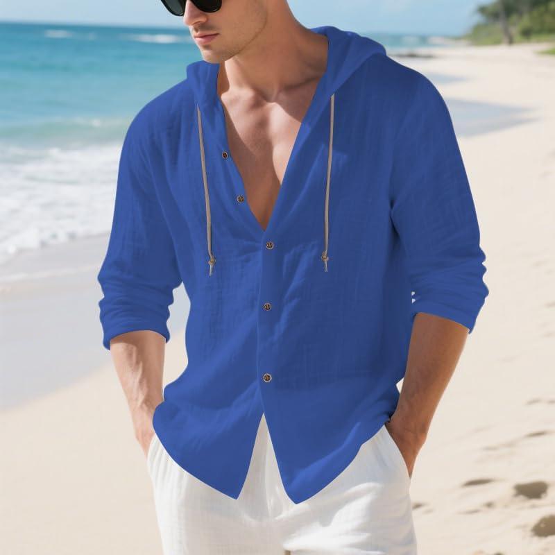 imageMens Cotton Linen Hoodies Lightweight Long Sleeve Button Down Shirts Casual Hawaiian Beach Yoga Tops SweatshirtsRoyal Blue