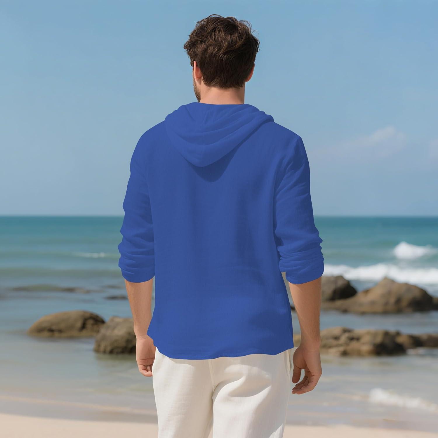 imageMens Cotton Linen Hoodies Lightweight Long Sleeve Button Down Shirts Casual Hawaiian Beach Yoga Tops SweatshirtsRoyal Blue