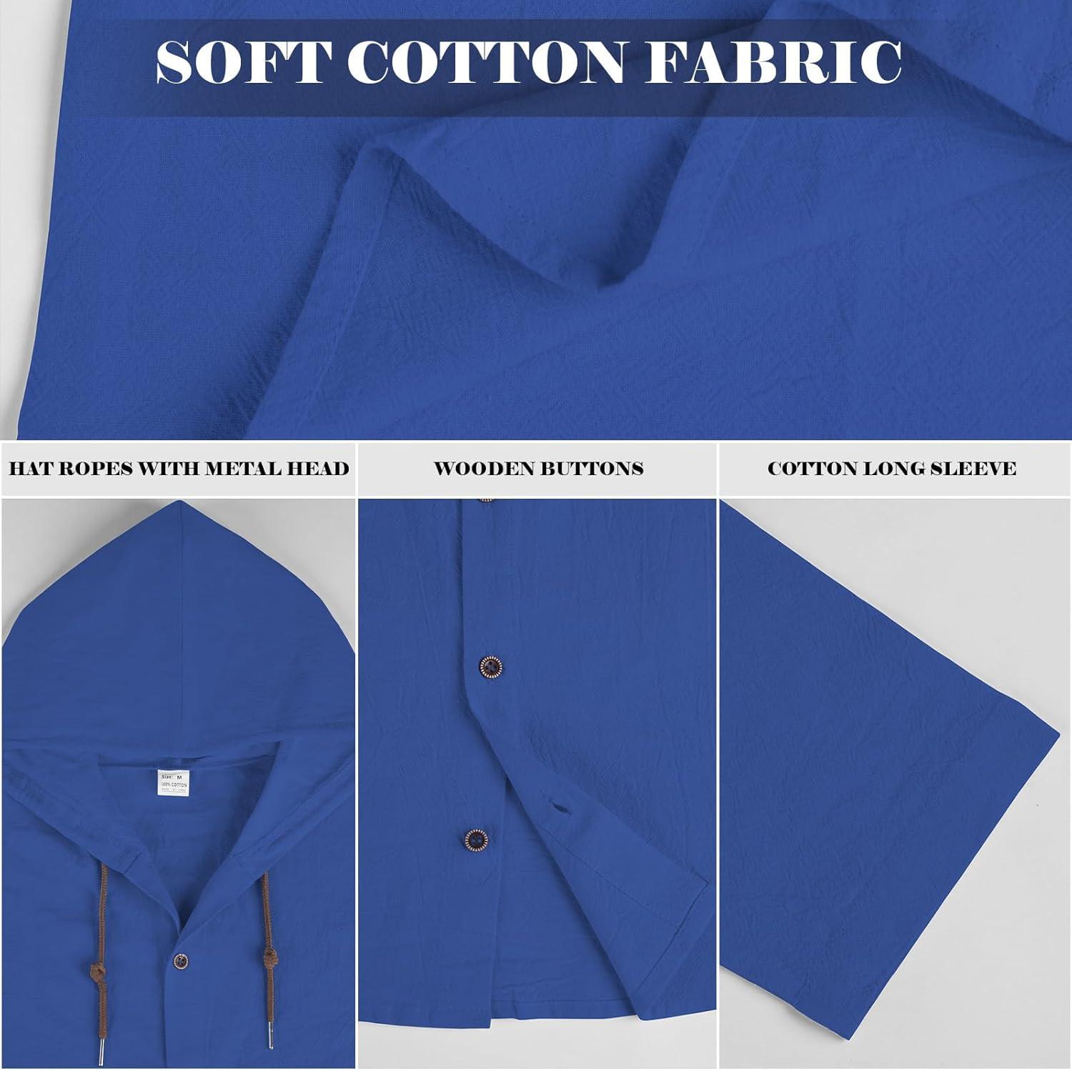 imageMens Cotton Linen Hoodies Lightweight Long Sleeve Button Down Shirts Casual Hawaiian Beach Yoga Tops SweatshirtsRoyal Blue