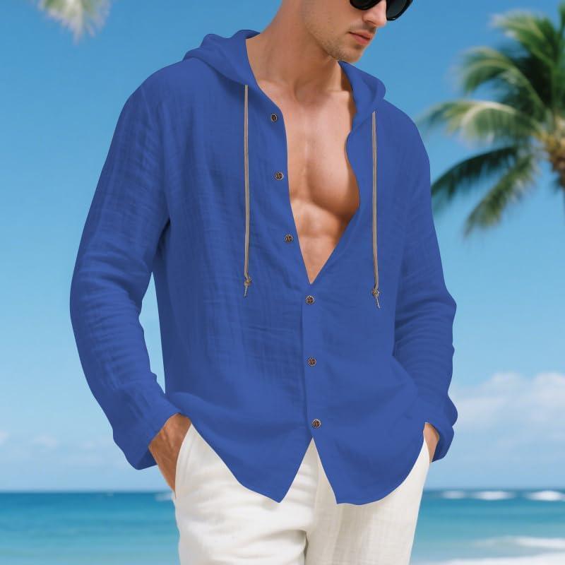 imageMens Cotton Linen Hoodies Lightweight Long Sleeve Button Down Shirts Casual Hawaiian Beach Yoga Tops SweatshirtsRoyal Blue