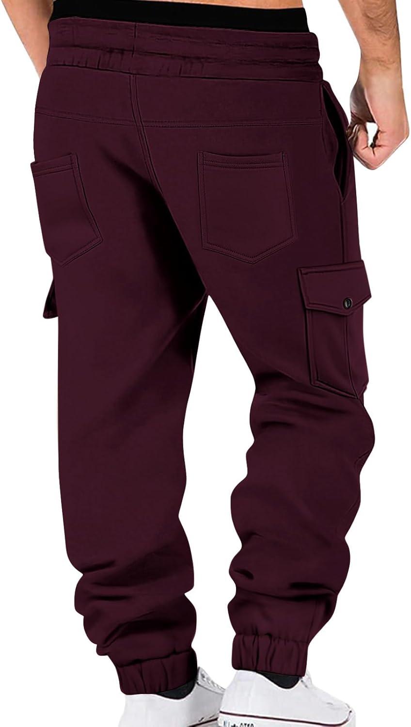 imageMens Fleece Lined Sweatpants Warm Winter Athletic Jogger Pants with 6 Pockets Drawstring Outdoor TrousersBurgundy