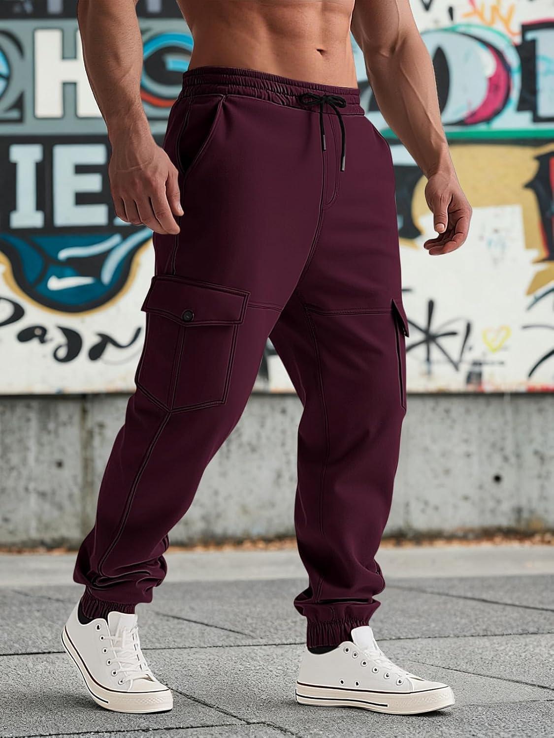 imageMens Fleece Lined Sweatpants Warm Winter Athletic Jogger Pants with 6 Pockets Drawstring Outdoor TrousersBurgundy