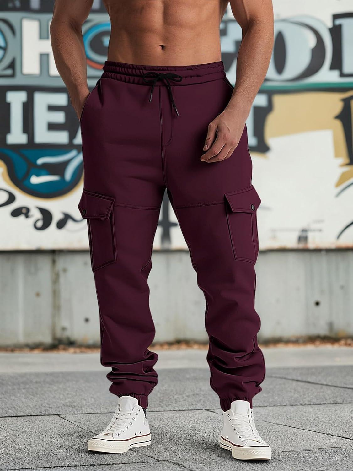 imageMens Fleece Lined Sweatpants Warm Winter Athletic Jogger Pants with 6 Pockets Drawstring Outdoor TrousersBurgundy