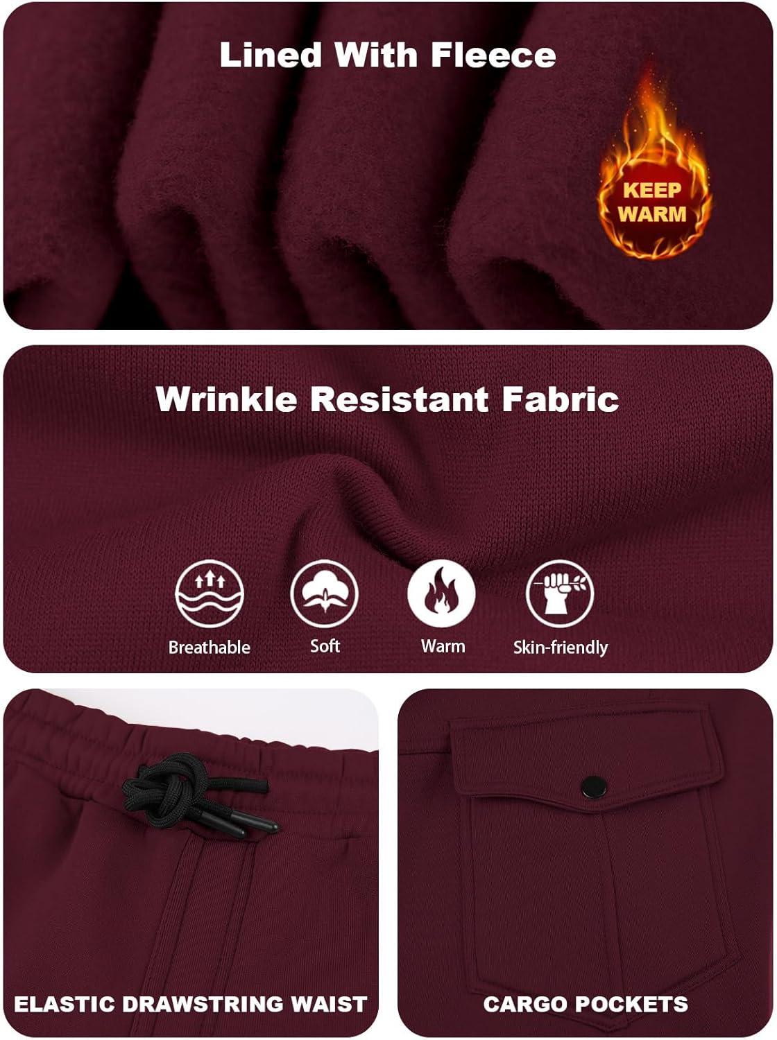 imageMens Fleece Lined Sweatpants Warm Winter Athletic Jogger Pants with 6 Pockets Drawstring Outdoor TrousersBurgundy