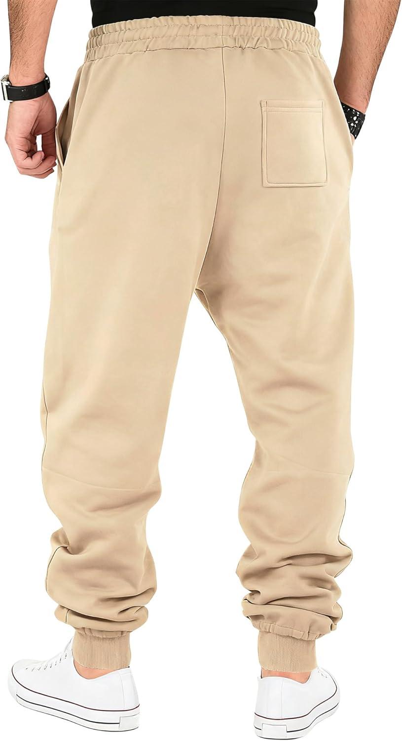 imageMens Fleece Sweatpants Warm Winter Pants Athletic Drawstring Jogger Pants with PocketsKhaki