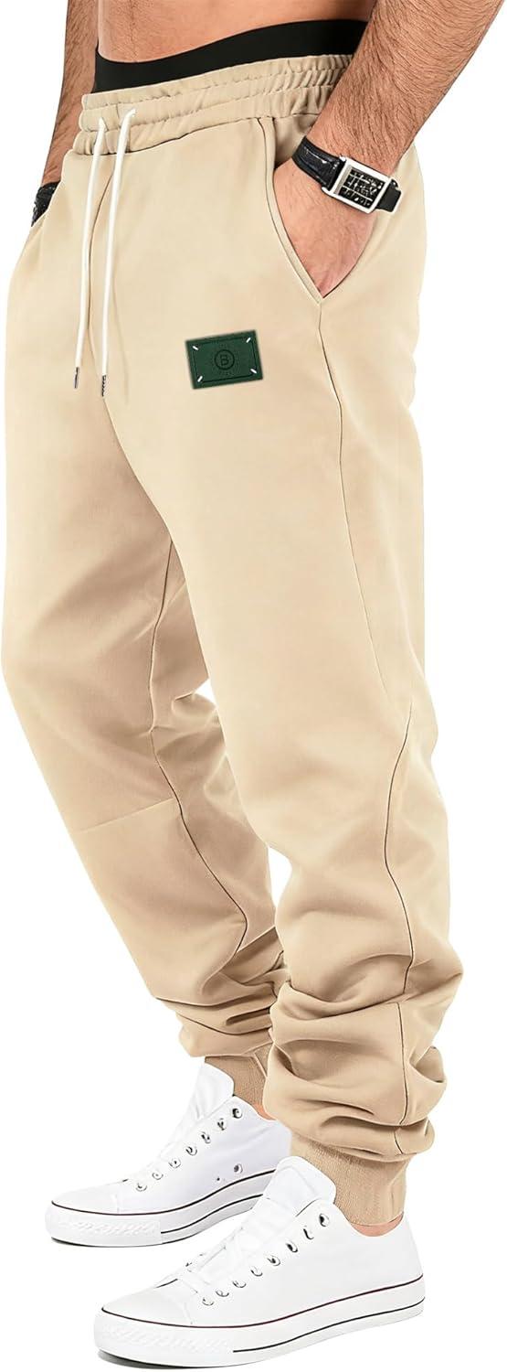 imageMens Fleece Sweatpants Warm Winter Pants Athletic Drawstring Jogger Pants with PocketsKhaki
