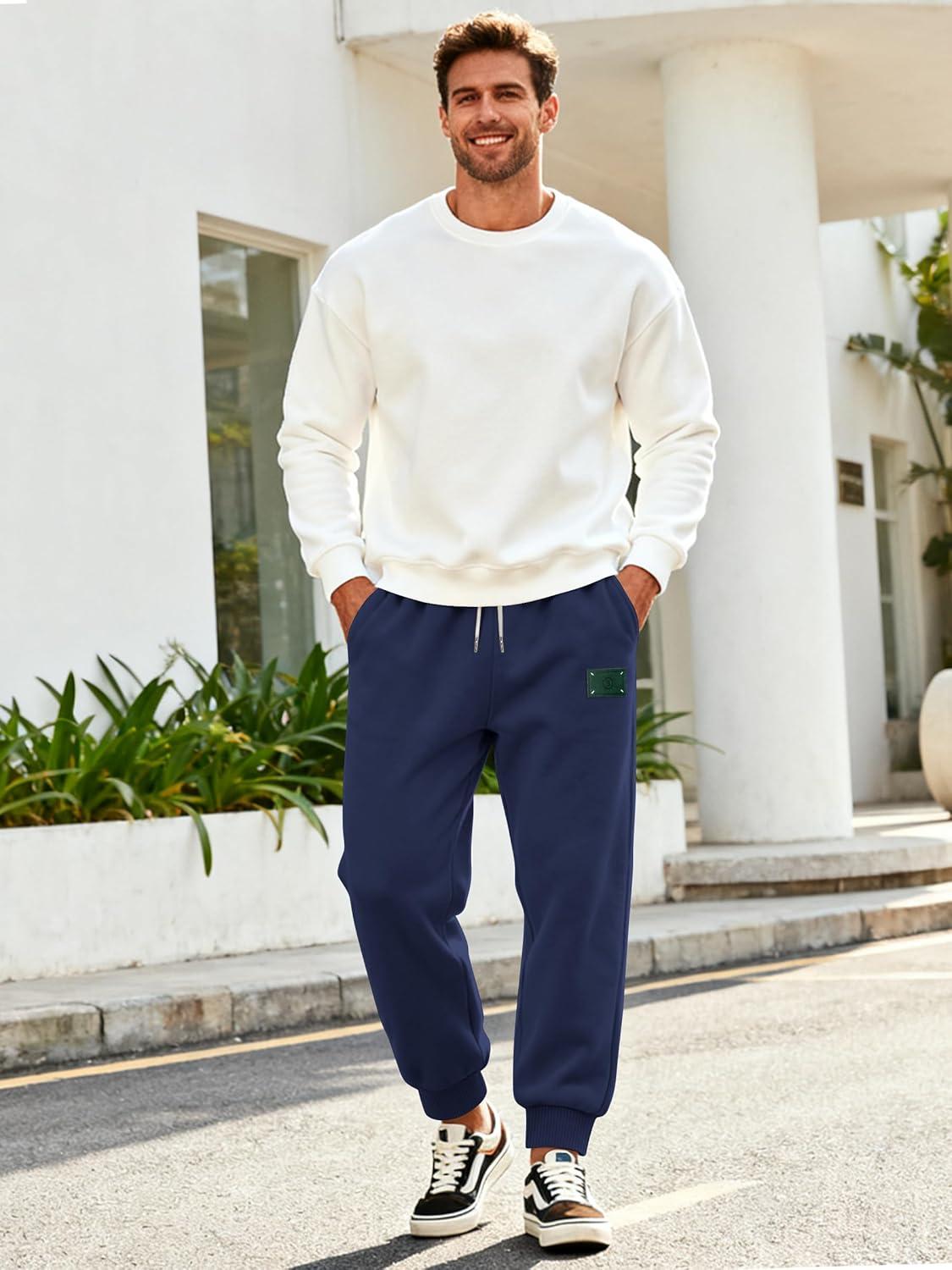 imageMens Fleece Sweatpants Warm Winter Pants Athletic Drawstring Jogger Pants with PocketsNavy