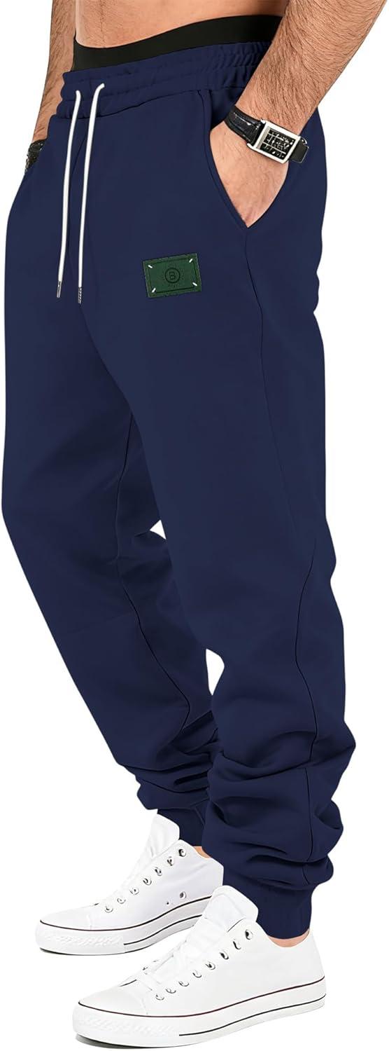 imageMens Fleece Sweatpants Warm Winter Pants Athletic Drawstring Jogger Pants with PocketsNavy