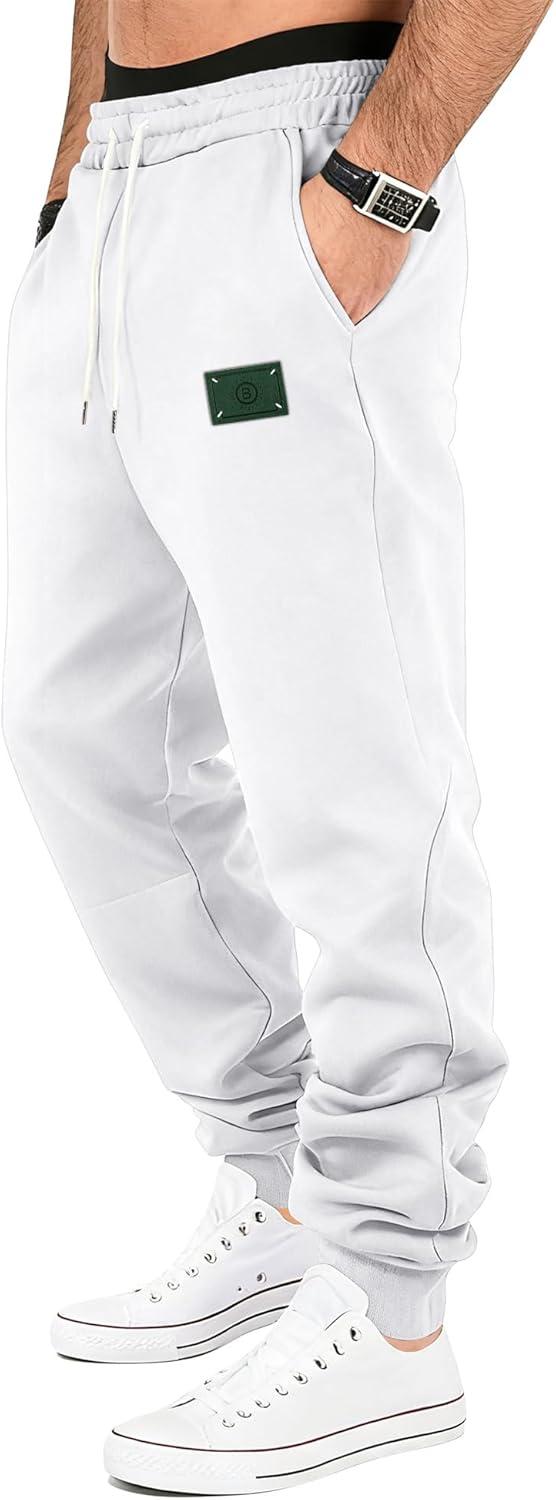 imageMens Fleece Sweatpants Warm Winter Pants Athletic Drawstring Jogger Pants with PocketsWhite