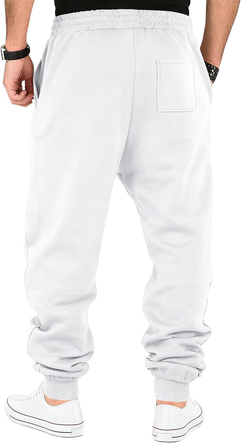 imageMens Fleece Sweatpants Warm Winter Pants Athletic Drawstring Jogger Pants with PocketsWhite