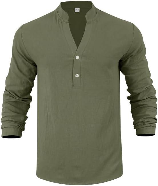 imageMens Linen Henley Shirts Casual Long Sleeve Hippie Yoga Tops Lightweight Summer Beach TShirtArmy Green