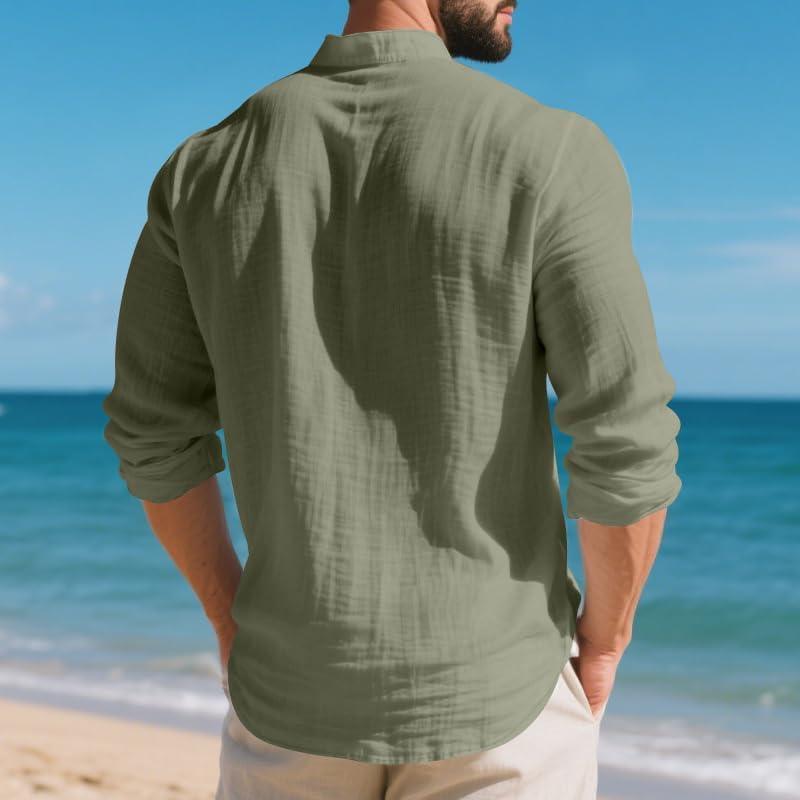 imageMens Linen Henley Shirts Casual Long Sleeve Hippie Yoga Tops Lightweight Summer Beach TShirtArmy Green