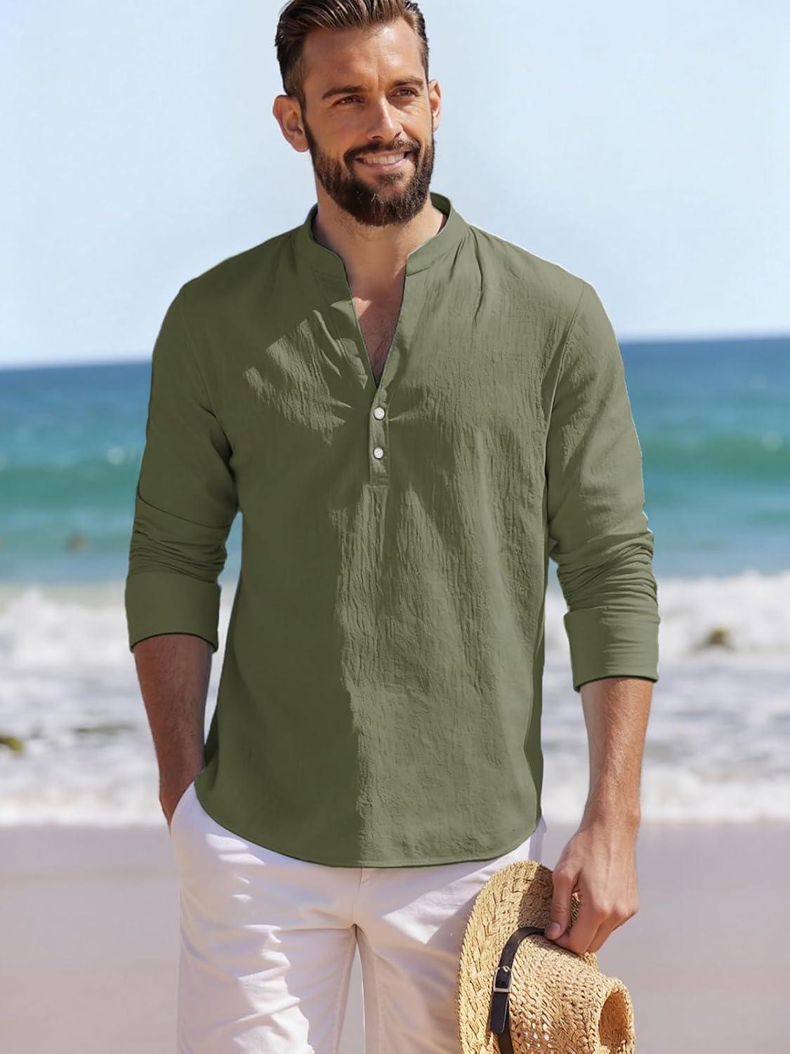 imageMens Linen Henley Shirts Casual Long Sleeve Hippie Yoga Tops Lightweight Summer Beach TShirtArmy Green
