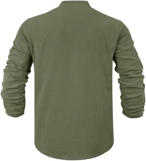 imageMens Linen Henley Shirts Casual Long Sleeve Hippie Yoga Tops Lightweight Summer Beach TShirtArmy Green